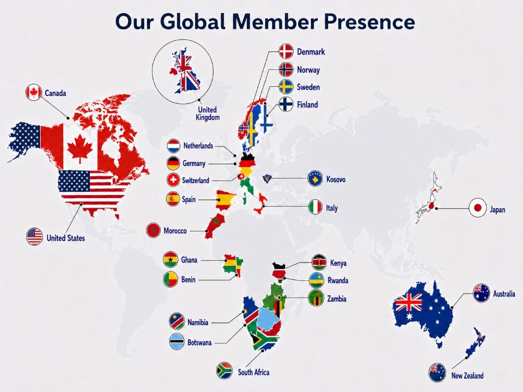 Our Global Member Presence — world map of ForAllDoctors member countries including Canada, United States, United Kingdom, European countries, Morocco, Ghana, Benin, Kenya, Rwanda, Zambia, Namibia, Botswana, South Africa, Japan, Australia, and New Zealand